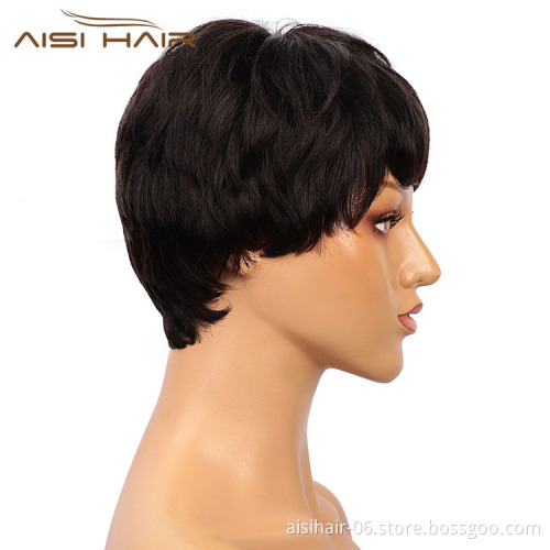 Aisi Hair Natural Looking Cheap Vendor Short Pixie Cut Regular Wave Black Brazilian Hair For Black Women Human Hair Wigs